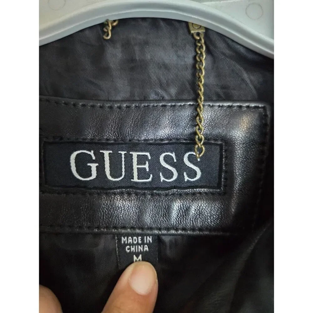 Guess Women Geniune 100% Leather Full Zip Lined Moto Pockets Jacket size Medium